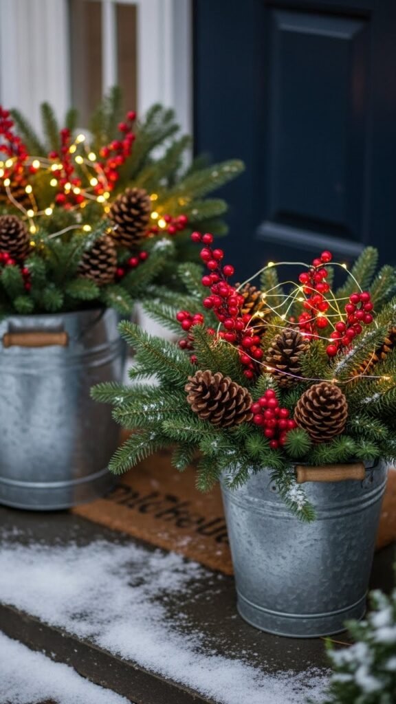 Evergreen Planter Buckets by the Front Door