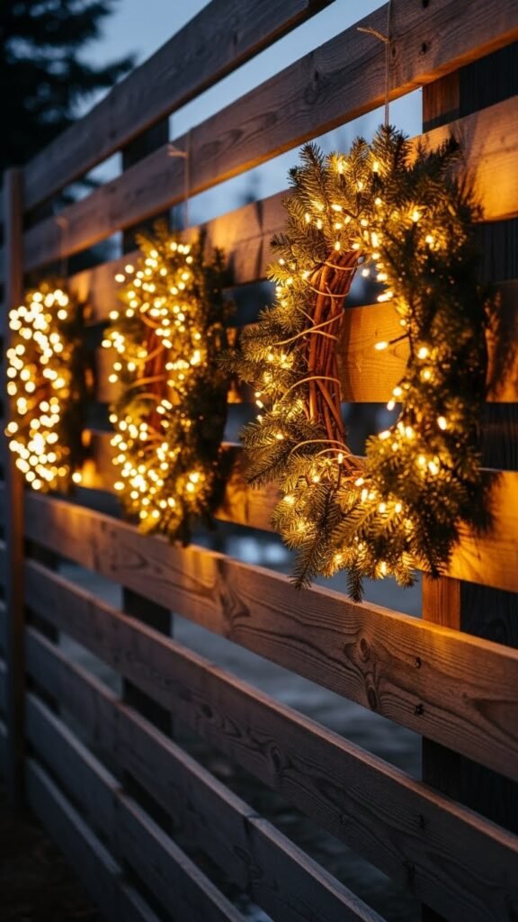 Illuminated Wreath Trio on the Fence
