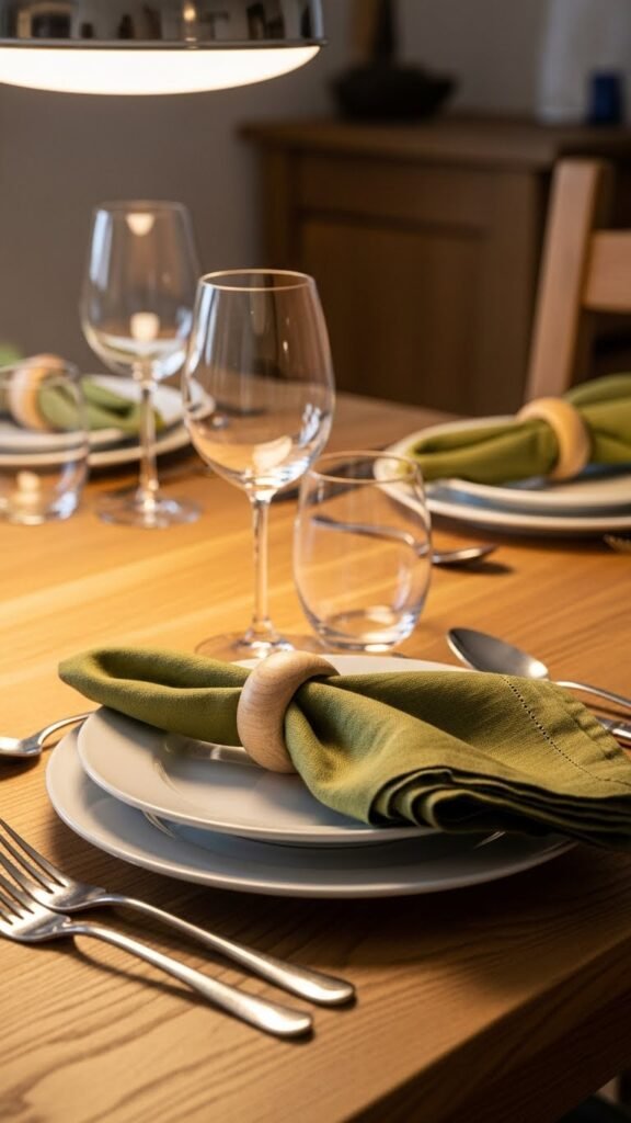 Olive Green Napkins With Wooden Rings