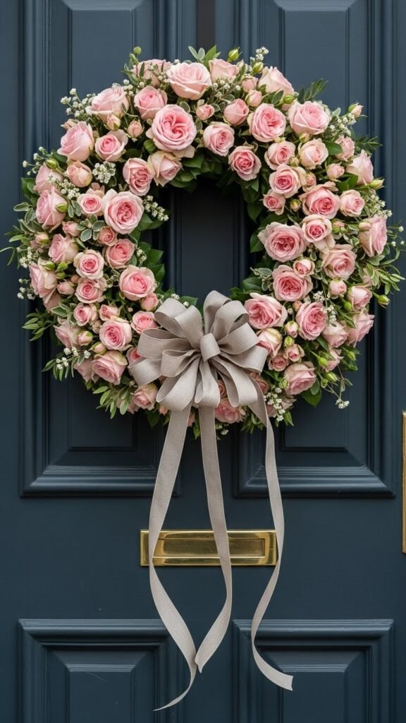 Pink Rose and Ribbon Loop Wreath