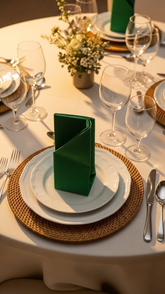 Emerald Green Napkins With Neutral Chargers