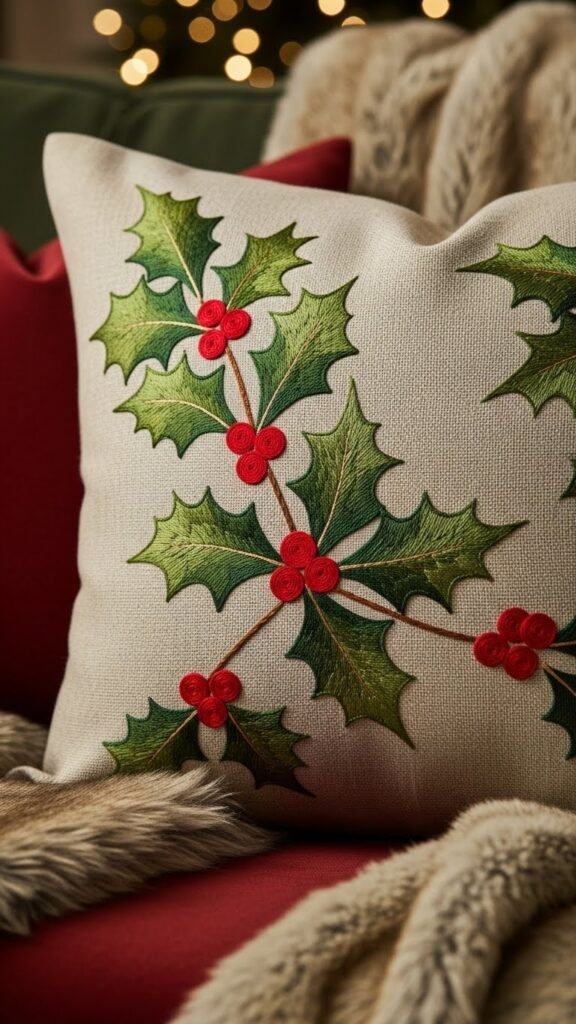 Embroidered Holly Pillow