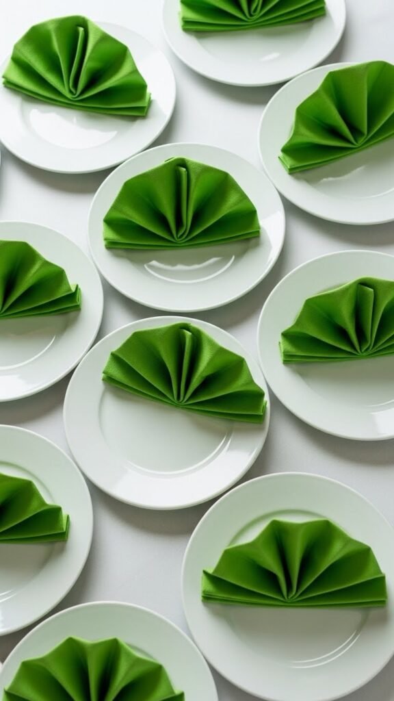 Green Napkins Folded As Simple Fans