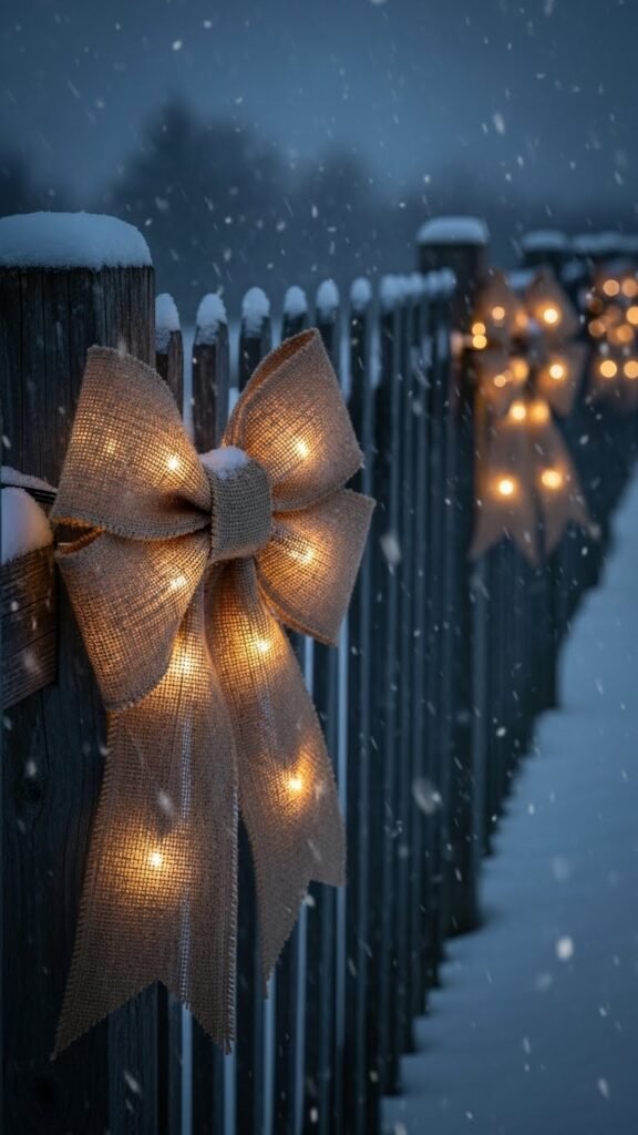 Lighted Burlap Bows for Fence Posts
