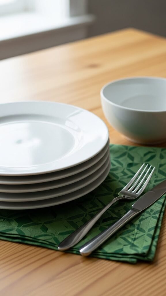  Patterned Green Napkins With Plain Dishes