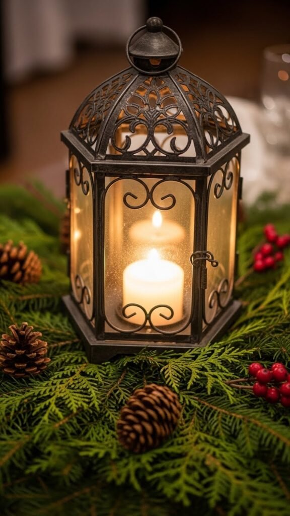 Metal Lantern and Evergreen Base