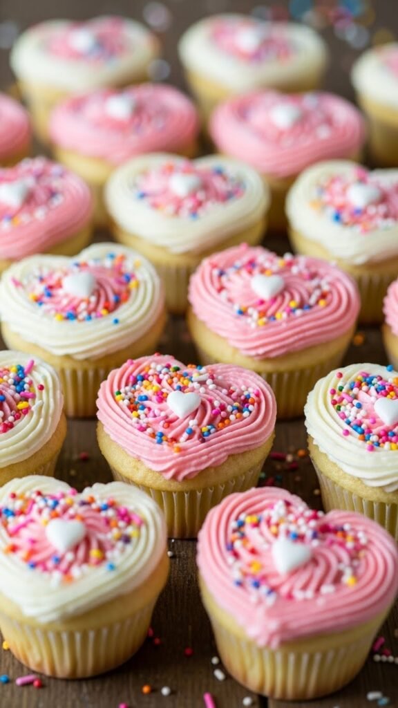  Vanilla Sprinkle Heart Cupcakes