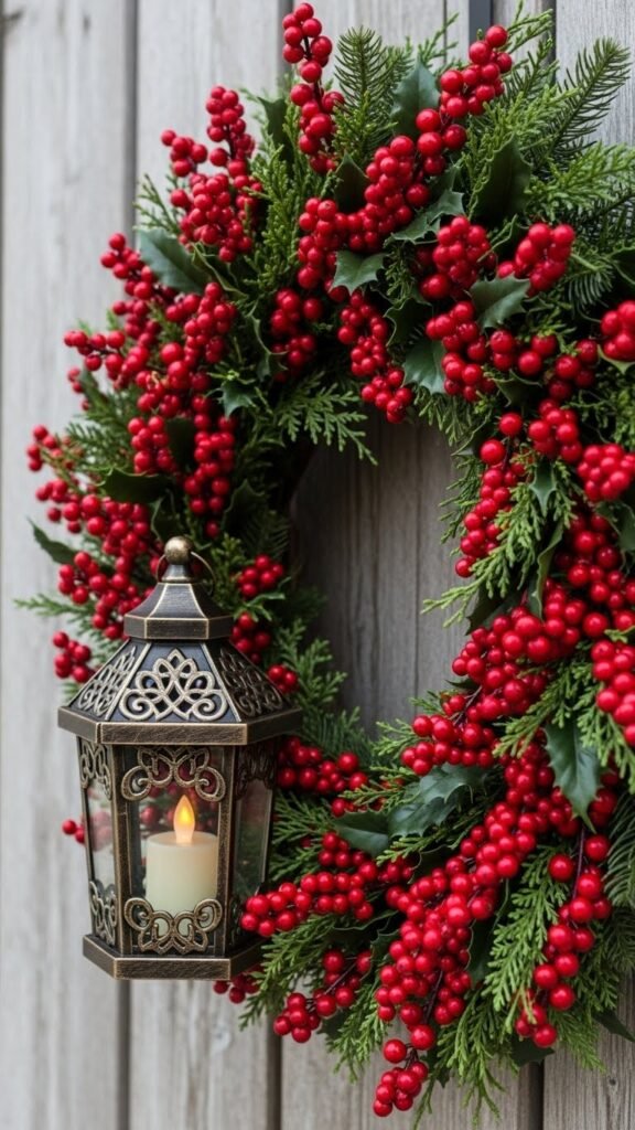 Red Berry Cluster and Lantern Wreath