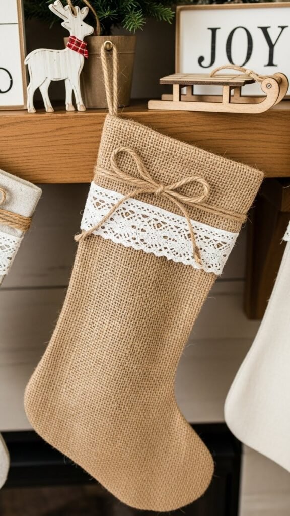 Burlap Farmhouse Stocking with Lace Trim