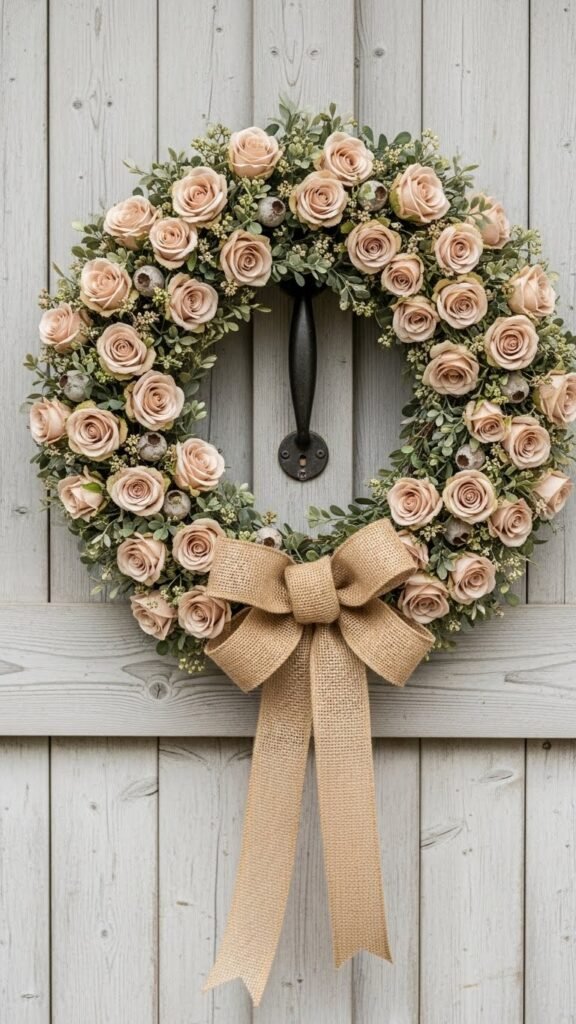  Neutral Rose and Burlap Wreath