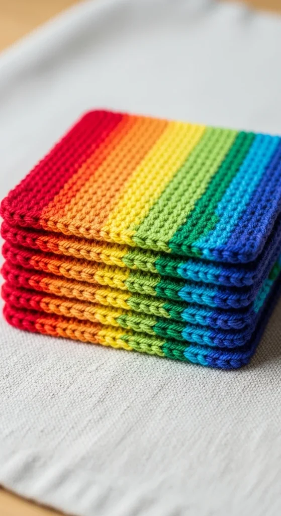 Knitted Rainbow Square Coasters