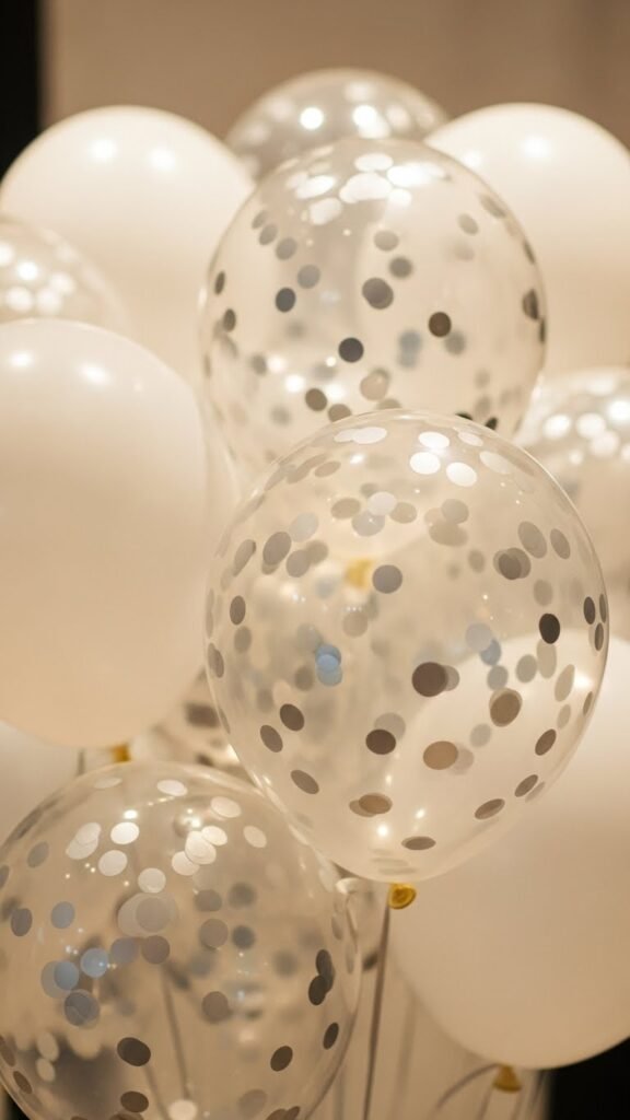 White Balloons with Clear Confetti