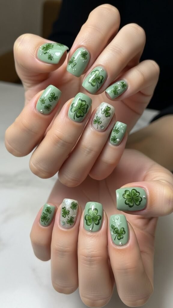 Soft Sage Clover Nails