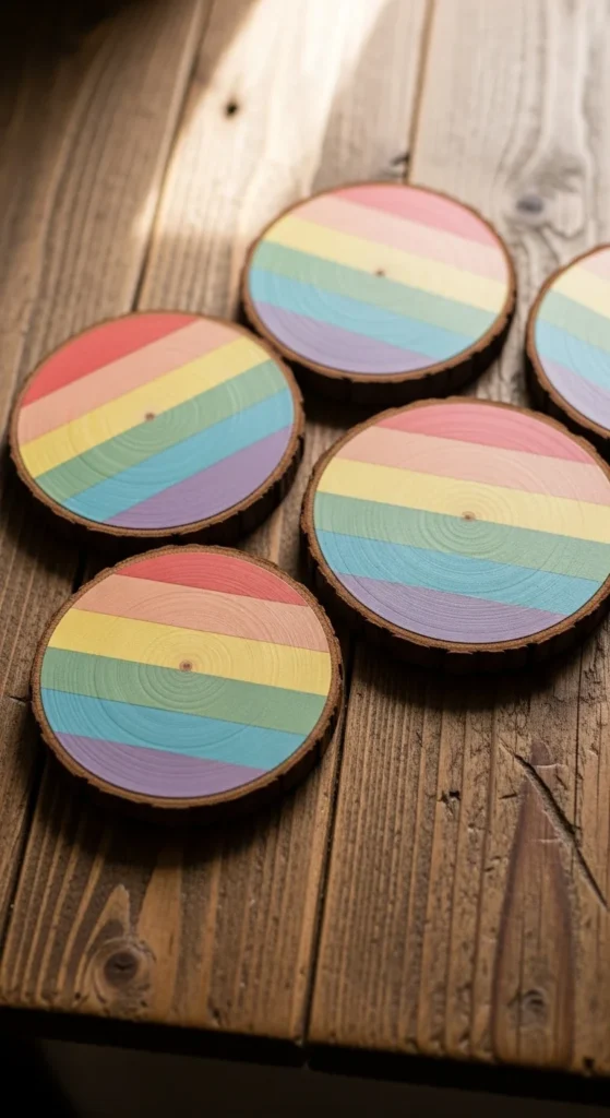 Painted Wood Slice Rainbow Coasters