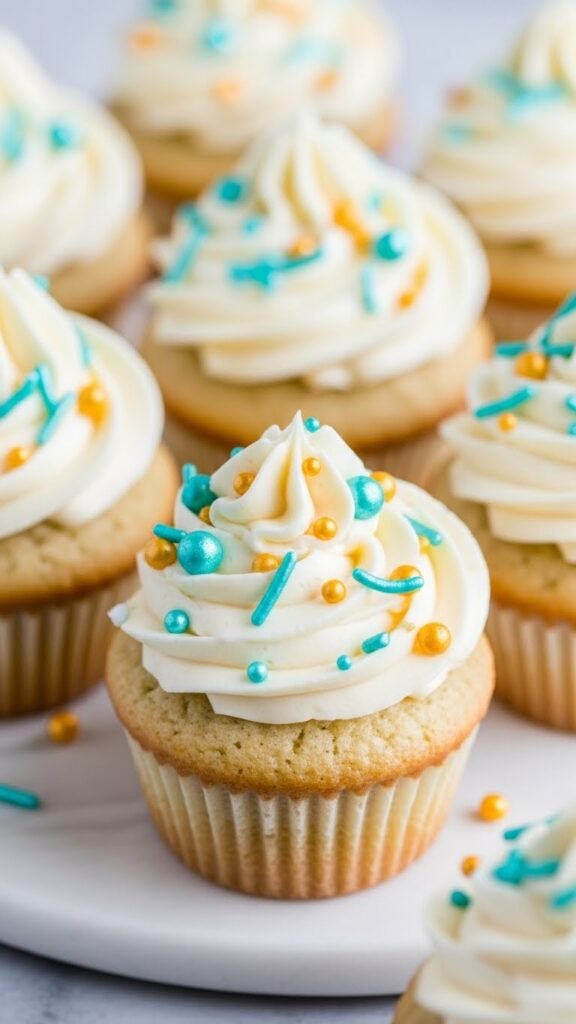 Vanilla Cupcakes with Golden Sprinkle Centers