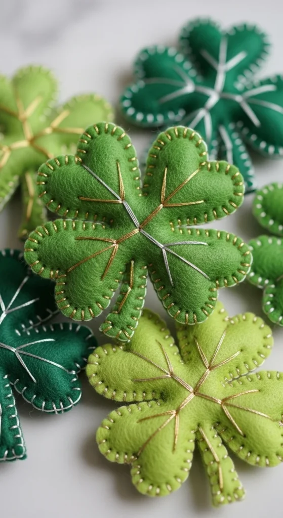 Felt Clover Ornaments With Metallic Stitching