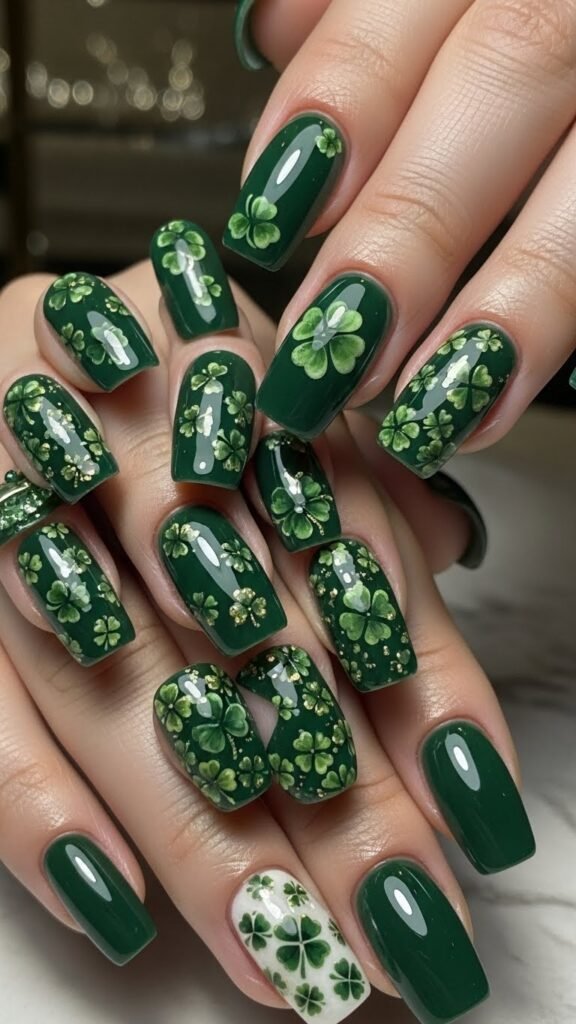  Glossy Emerald Clover Nails