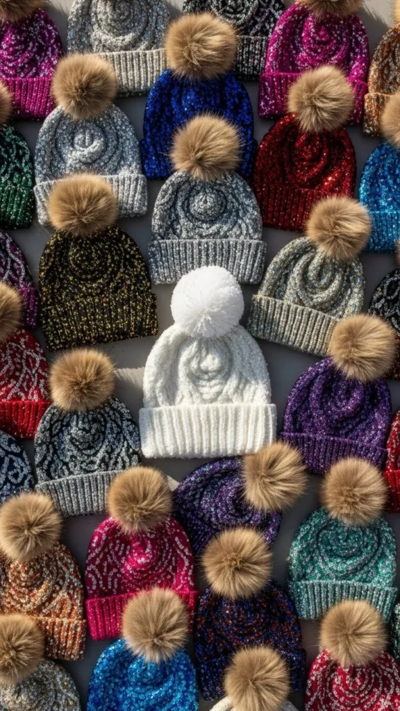 White Glitter Pom-Pom Beanie