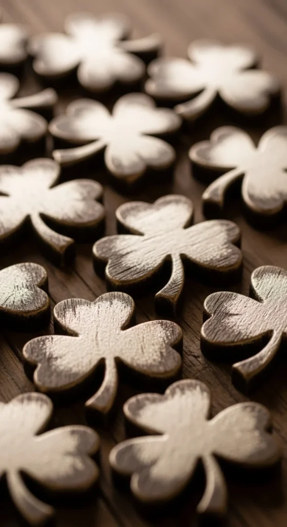 Wooden Clover Ornaments With Metallic Wash