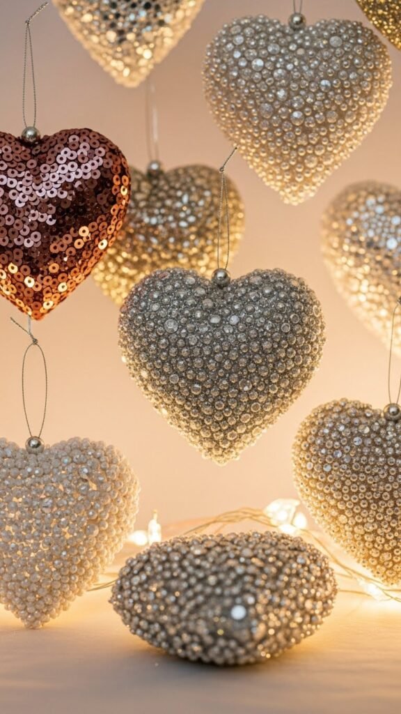 glitter heart ornaments